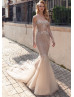 Beaded Light Beige Lace Tulle Wedding Dress With Detachable Sleeve